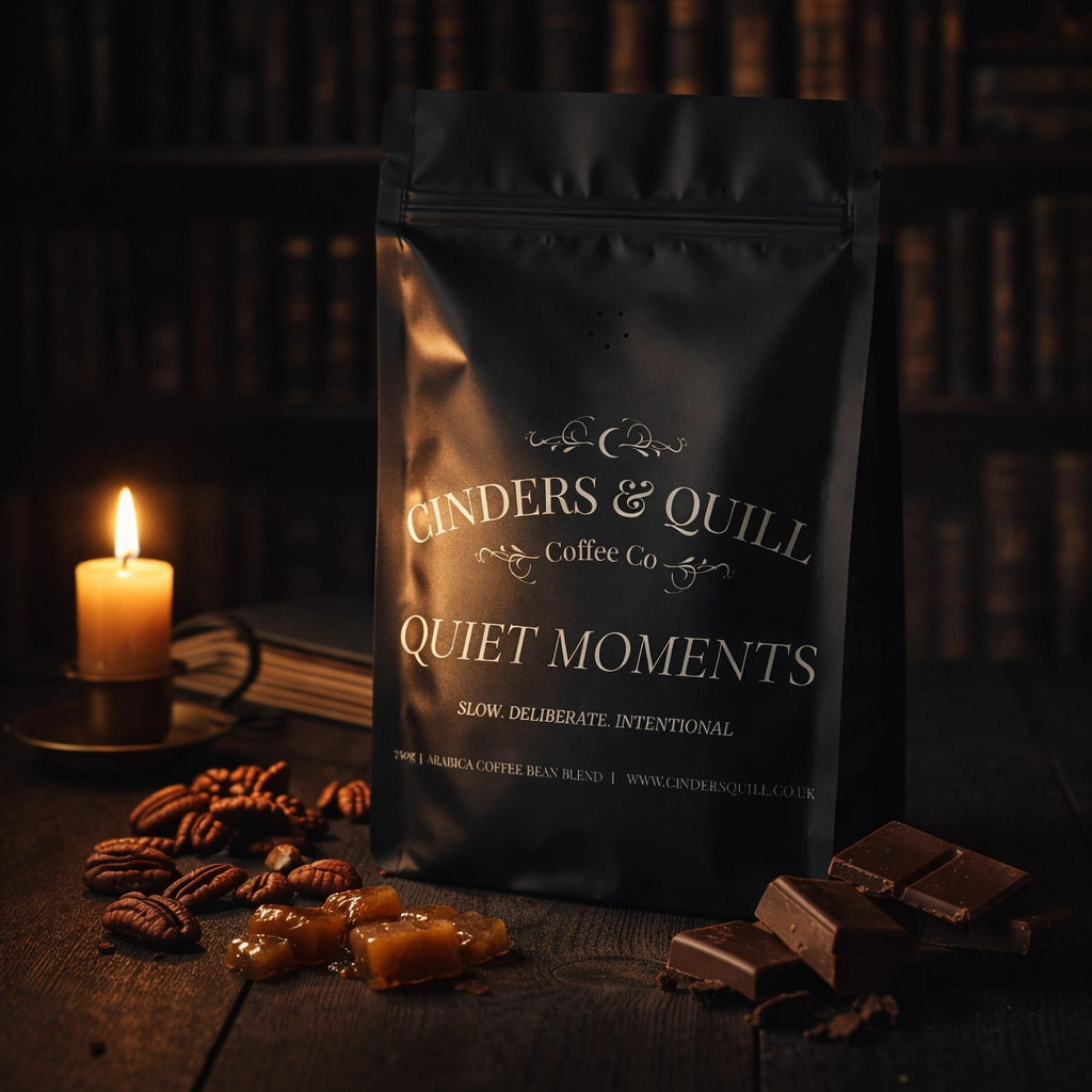 Cinders & Quill coffee bag with candles, books, and chocolate on a wooden surface