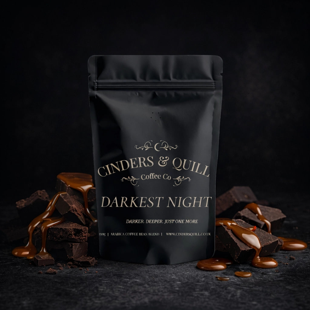 Black coffee bag labeled 'Cinders & Quill Coffee Co Darkest Night' with chocolate bars around on a dark background