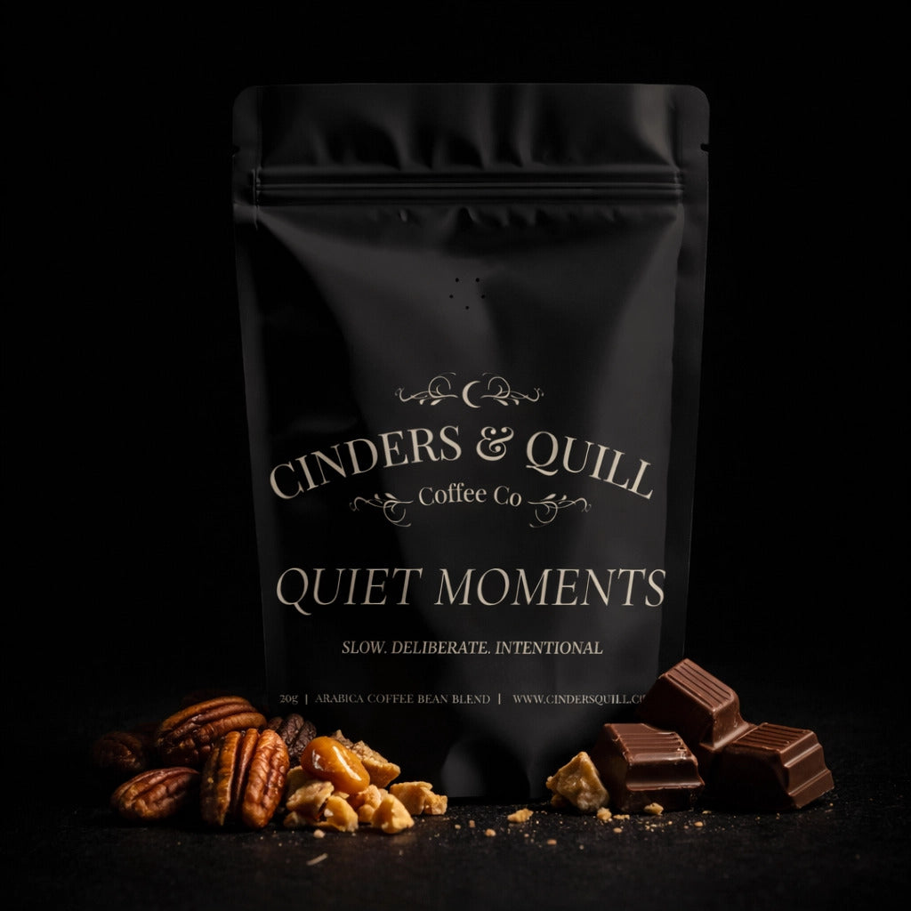 Black coffee bag labeled 'Cinders & Quill Coffee Co' with coffee beans and chocolate on a dark background
